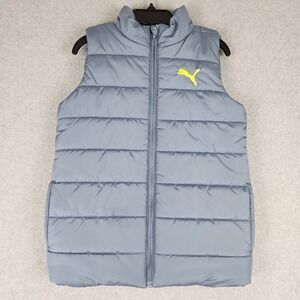 Puma Puffer Vest Youth M 10/12 Blue Gray Full Zip Logo Sleeveless Jacket 1333175